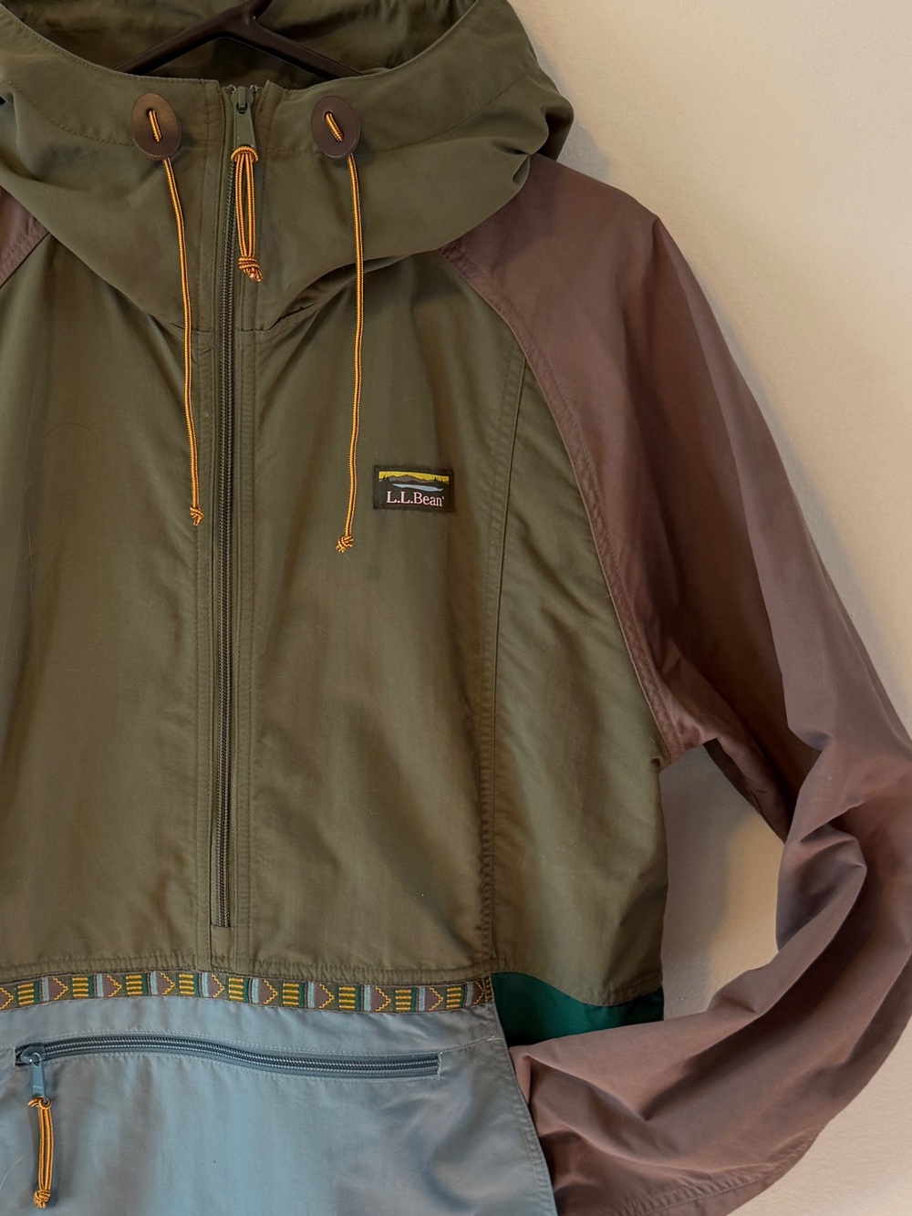 L.L. Bean Hooded Colorblock Windbreaker - Olive, Brown, Light Blue - Medium Tall